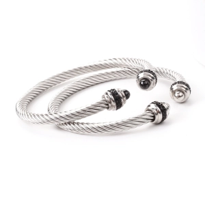 Silver twisted cable open bangles with black bead accents in durable stainless steel