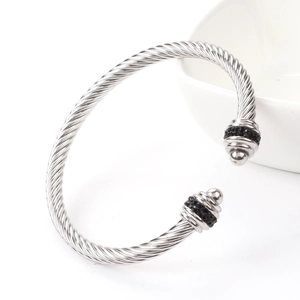 Twisted wire stainless steel cuff bracelet with black zircon inlay accents