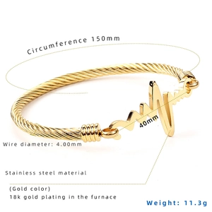 Heartbeat ECG Stainless Steel Cable Bangle Twisted Wire Open Bracelet Fashion 18K Gold Plated Jewelry Gift For Women