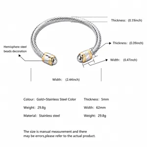 Bracelet manchette câble bicolore pour homme en acier inoxydable de 62mm de diamètre