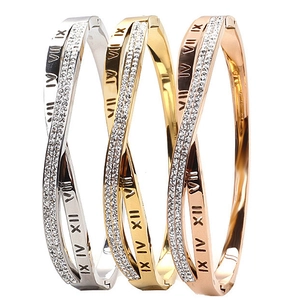 Bracelet Jonc Croisé Acier Inoxydable Chiffres Romains Strass Creux Boucle Bijoux Pour Femmes