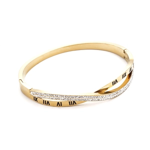 Bracelet croisé chic en acier titane doré avec cristaux scintillants et chiffres romains