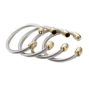 Men's cable wire open bangle set in silver and gold tone with twisted texture