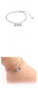 Detail view of double-layer evil eye stainless steel anklet with adjustable length
