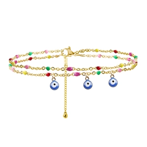 Double Layer Evil Eye Anklet Stainless Steel Multicolored Enamel Beads Boho Beach Foot Jewelry For Women