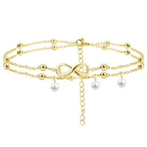 Bracelet De Cheville Double Couche Symbole Infini Acier Titane Réglable Avec Künstliche Perles Métal Bijoux De Plage