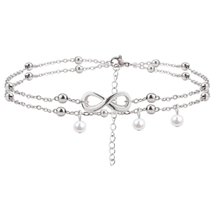 Bracelet de cheville double rang en acier avec signe infini et perles blanches