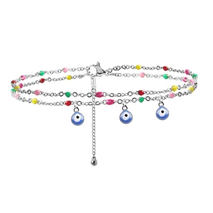 Double-layer silver anklet with colorful beads and classic blue Evil Eye pendants