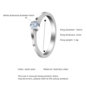 Minimalist stainless steel ring with 4mm white round zircon on a polished steel band