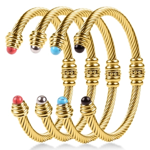 Twisted Cable Open Cuff Bangle Titanium Stainless Steel Adjustable C Shape Bracelet With Agate Beads Boho Jewelry Women