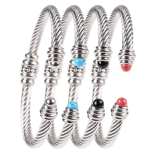 Set of four stainless steel twisted cable open bangles in gold, silver and colorful finishes