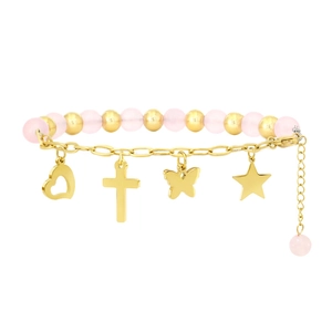 Pink crystal bead and gold chain bracelet with heart, cross, and butterfly charms