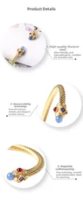 Dettaglio macro del bracciale a cavo dorato con gemme colorate in titanio di alta qualità