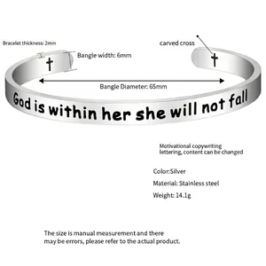 6mm silver inspirational stainless steel cuff bracelet with engraved religious quote