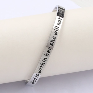 Inspirational engraved silver cuff bracelet with God is within her she will not fall text