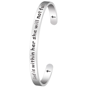 Stainless steel cuff bracelet with God is within her she will not fall engraving