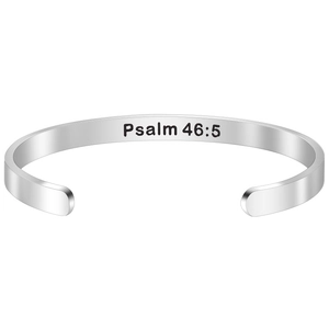 Close-up of Bible verse Psalm 46:5 engraving on silver stainless steel cuff bracelet