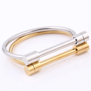 Macro shot of horseshoe-shaped D-buckle gold and silver polished stainless steel bracelets