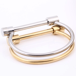 Detail of two-tone stainless steel D-shaped bangle with screw bar closure design