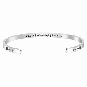 Polished stainless steel inspirational open cuff bracelet with motivational engraving