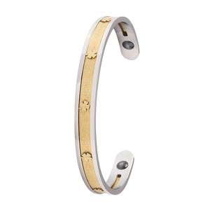 Two-tone stainless steel magnetic C-shaped cuff bracelet with embossed clover patterns
