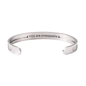 Unstoppable engraved silver stainless steel open cuff bracelet with glitter side inlay
