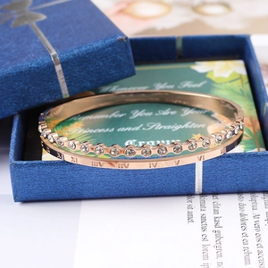 Rose gold stainless steel roman numeral bangle set with crystals in a gift box
