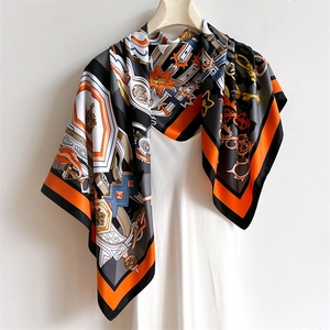 Elegant 90cm chain pattern square silk scarf in orange and black with geometric design