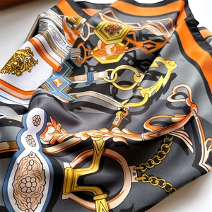 Classic chain and buckle silk scarf with orange border and equestrian pattern