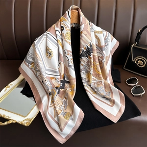 90cm chain geometric pattern twill silk scarf displayed on a wooden hanger with bag