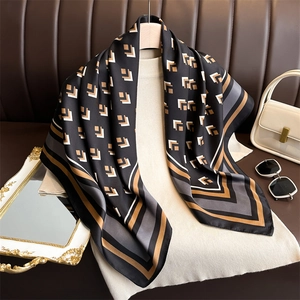 Elegant 90cm geometric pattern twill silk scarf with black and brown square prints