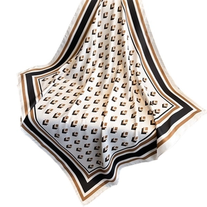Elegant 90cm square silk scarf with geometric L-print and contrast hem for women