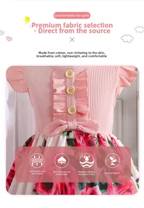 Detail of girls' dress featuring pink ribbed knit top with wooden buttons and rose print