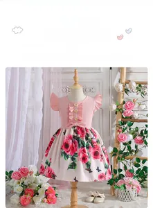 Detail of pink ribbed bodice with ruffle sleeves and floral butterfly print skirt