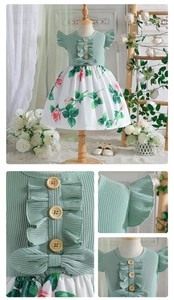 Detail of floral printed girl's dress with ribbed knit bodice and ruffled wood button collar