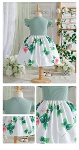 Detail of baby girl floral dress featuring green ribbed bodice and pink rose printed skirt