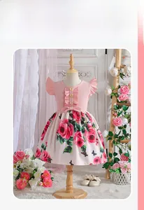 Detail of pink ribbed bodice with ruffle sleeves and rose print skirt for toddler girls