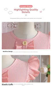 Detail of baby girl pink ribbed dress showing round neck and elastic ruffle cuffs