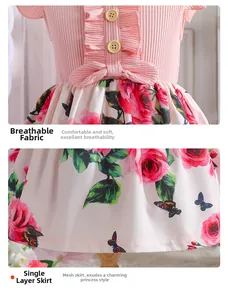 Detail of pink ribbed knit bodice with wooden buttons and floral printed mesh skirt