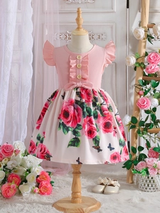 Girls Summer Knit Patchwork Floral Dress Sweet Rose Print Princess A-Line Dress For Toddler Kids Flutter Sleeve Party Wear