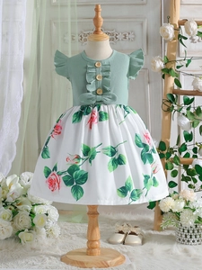 Girl's sage green ribbed knit dress with floral print skirt and ruffle sleeves