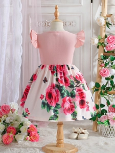 Pink rib-knit girls dress with floral print skirt and ruffled sleeves for summer wear