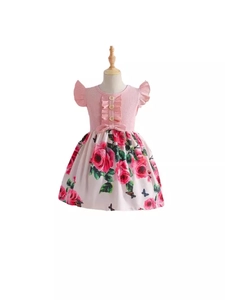 Pink rib-knit girl's dress with floral rose print skirt and ruffle sleeves