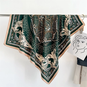 Green baroque geometric silk scarf with vintage leaf patterns and 90cm square drape