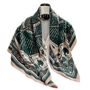 Baroque printed silk scarf in dark green and beige on a white mannequin display