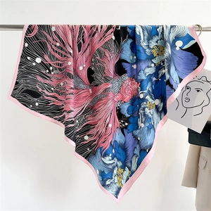 Silk-textured square scarf with koi fish and blue peony floral print on black base