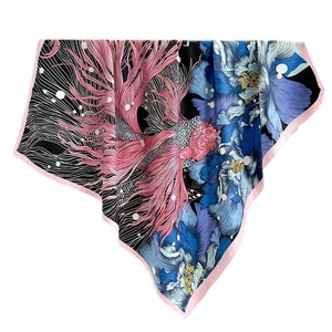 90cm silk scarf featuring elegant koi fish and peony floral prints in pink and navy blue