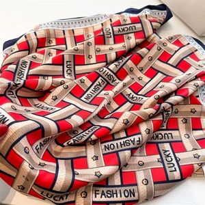 Fashionable 90cm twill silk scarf with herringbone print and Lucky Fashion lettering