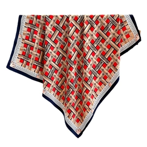 Fashionable red herringbone silk scarf with lucky lettering and vintage corners