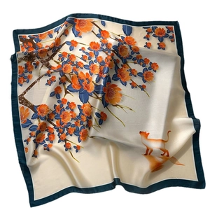 Elegant 70cm square silk scarf featuring orange floral patterns and a cute cat design